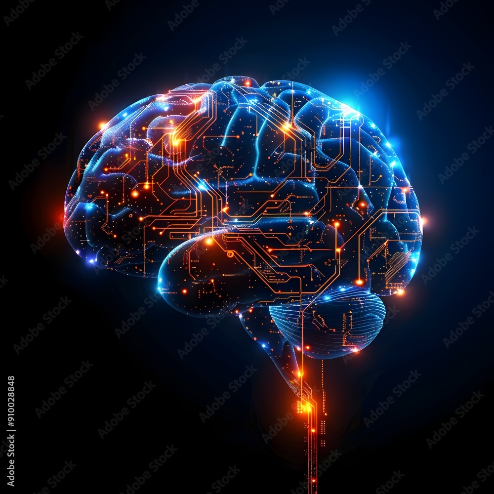 Poster brain circuit board design symbolizing digital thinking and intelligence concept