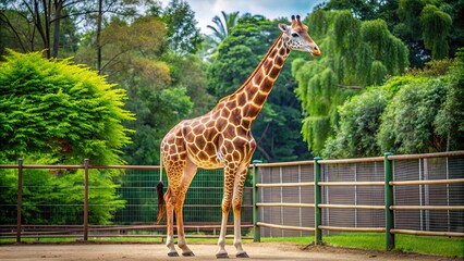 Naklejka premium A giraffe standing tall in the zoo enclosure, giraffe, zoo, wildlife, tall, spotted, herbivore, animal, captivity