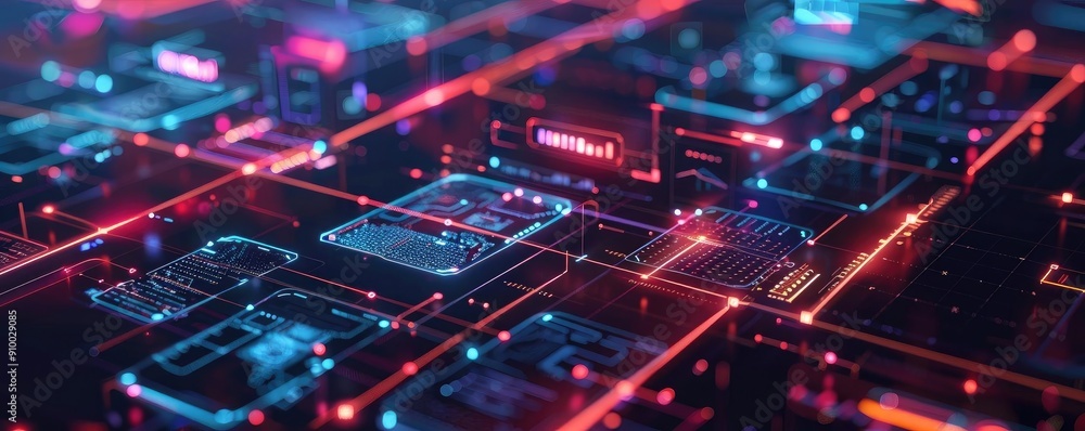 Poster abstract digital landscape showcasing vibrant neon lights and circuit patterns, representing technol