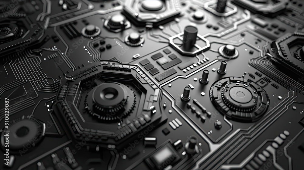 Poster close-up view of an intricate black circuit board with electronic components, showcasing modern tech