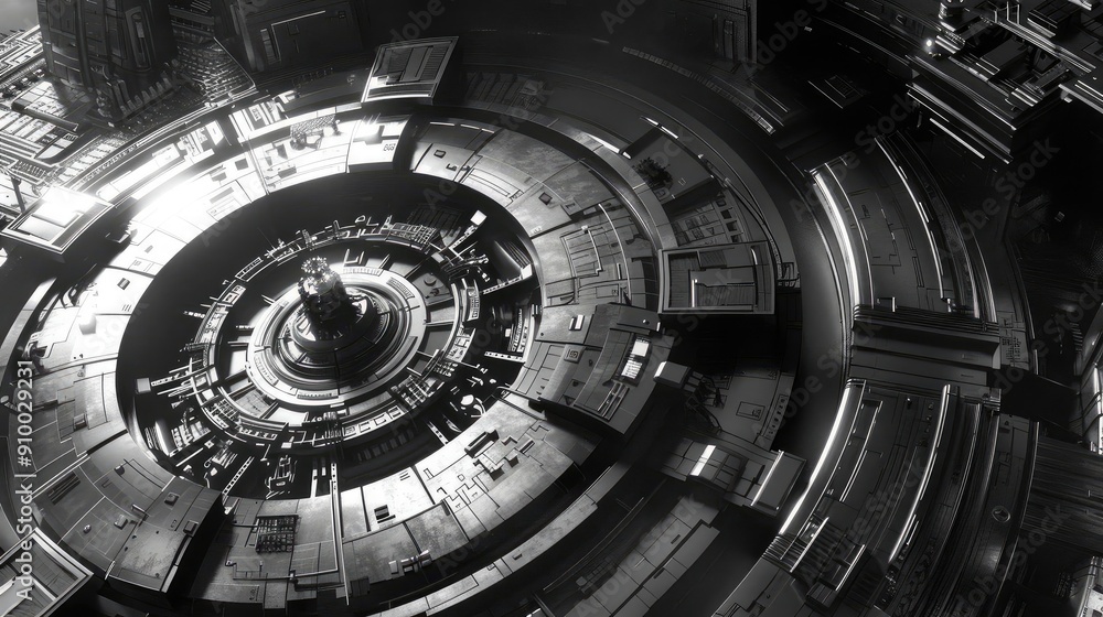 Poster Futuristic circular technology with metallic elements captured in a striking monochrome style. Perfect for science fiction themes.