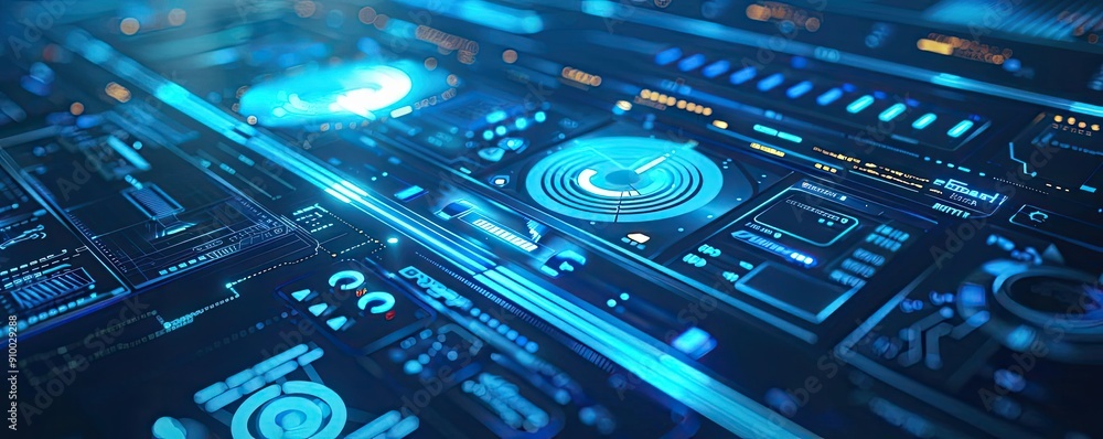 Poster Futuristic digital interface with glowing elements and intricate patterns, ideal for technology and sci-fi concepts.