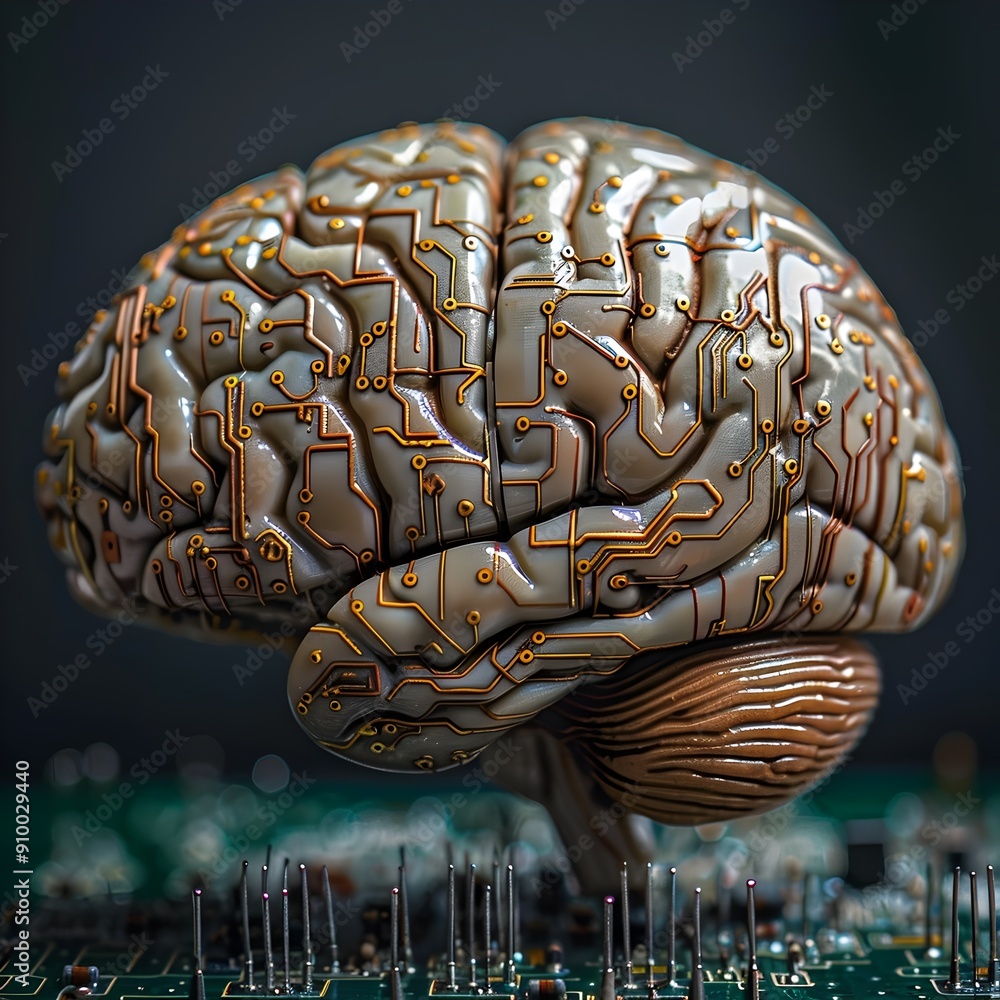 Poster advanced cognitive technology brain concept with embedded computer chip