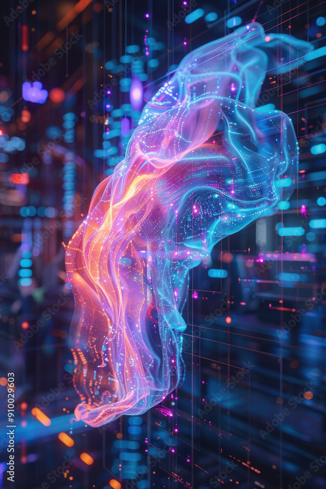 Poster technology background, a dazzling iridescent abstract shape gracefully levitating in a virtual lands