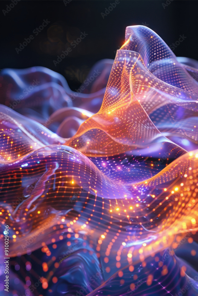 Poster Technology background,  A dazzling iridescent abstract shape gracefully levitating in a virtual landscape, illuminated by streaming tech holograms, showcasing various interactive