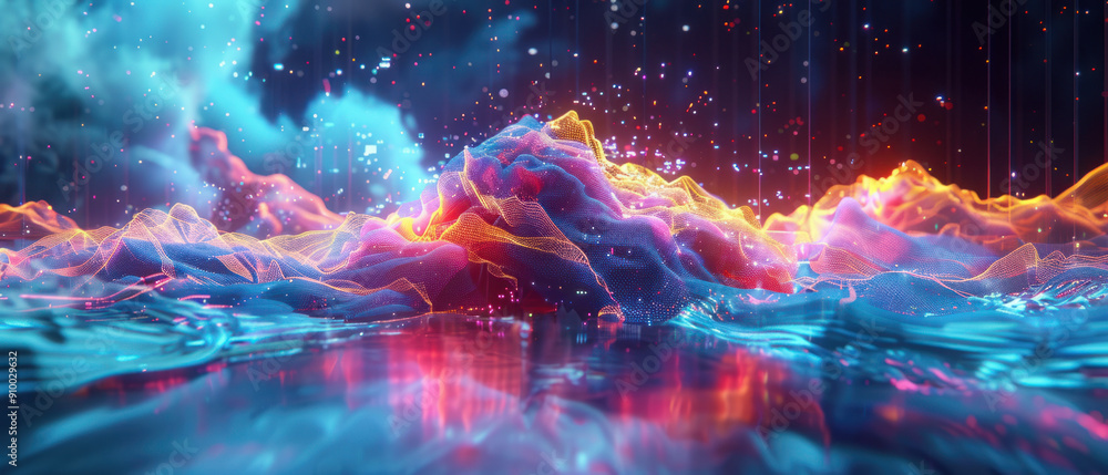 Poster technology background, a dazzling iridescent abstract shape gracefully levitating in a virtual lands