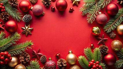 Christmas themed decoration with ornaments on red background, top view, Christmas, holiday, decoration, ornaments