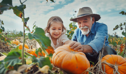 Cheerfully smiling grandpa and granddaughter collecting orange pumpkins in autumn garden field. Fall harvest collection activity scene, joyful moment, outdoor fun, warm colors of seasonal tradition
