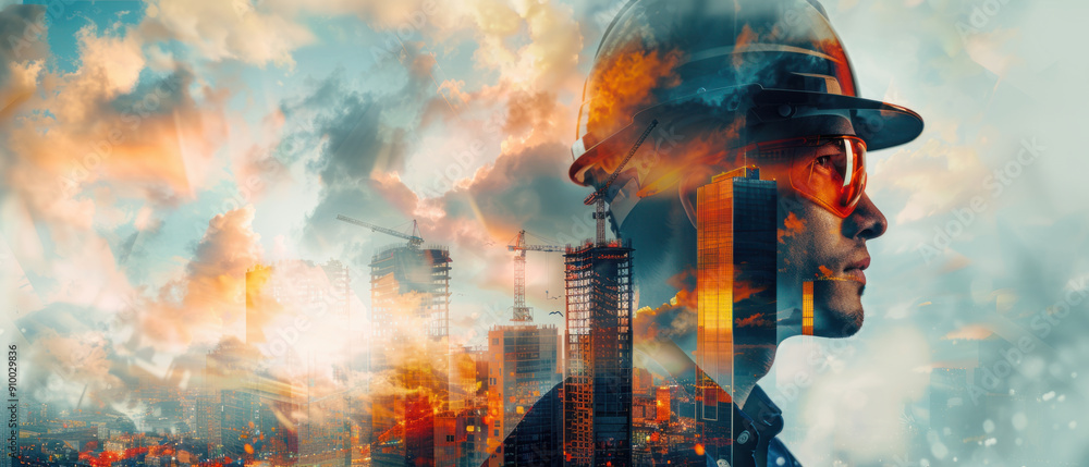 Poster engineering, a determined male engineer is merged with an image of a high-rise building under constr