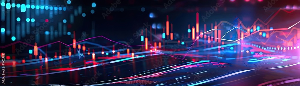 Aufkleber Vibrant digital data visualization showcasing dynamic movements in graphs and charts with glowing lines and technology elements.