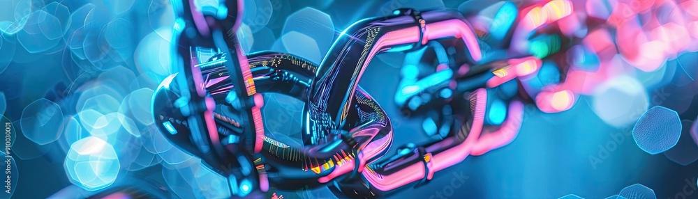 Poster Close-up of a metallic chain link with vibrant colors and bokeh effect, symbolizing strength, connection, and security.