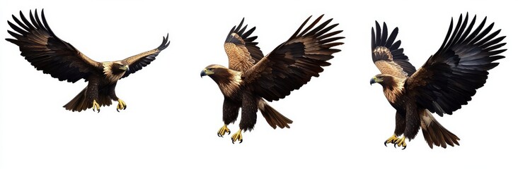 Isolated golden eagle collection (portrait, standing, flying) as transparent PNG