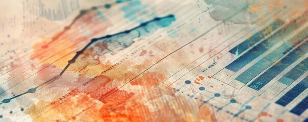 Obraz premium Abstract watercolor illustration of financial data with charts and graphs, symbolizing analysis and business growth.