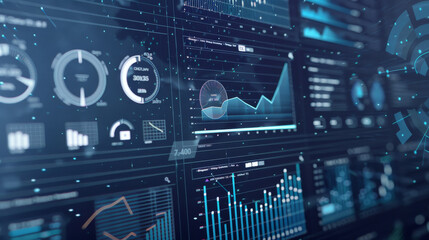 A dynamic digital dashboard displaying various graphs and charts illuminated with blue and green tones, denoting active data analysis and business intelligence.