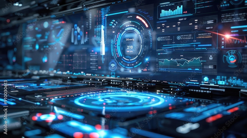 Poster Futuristic digital interface showcasing advanced analytics and data visualization in a high-tech environment.