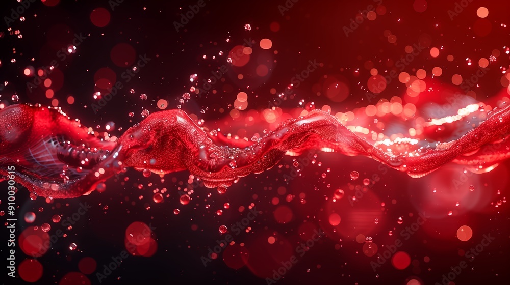 Poster abstract representation of fluid dynamics in red with bubbles and light reflections