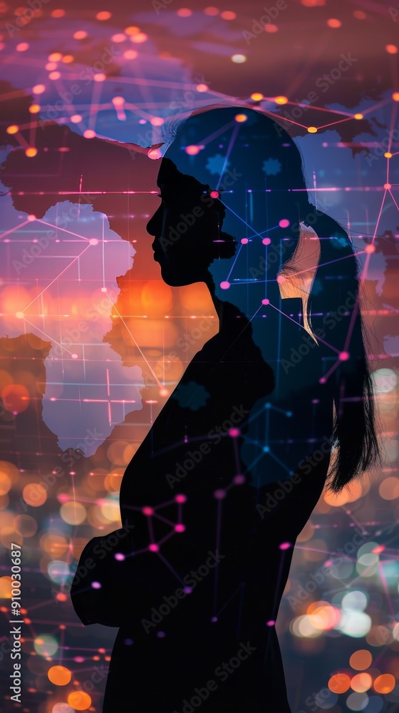 Poster silhouette of a businesswoman and a world map with data points.
