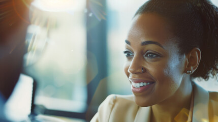 A close-up shot of a smiling woman in a office setting, with warm sunlight filtering through in the background.