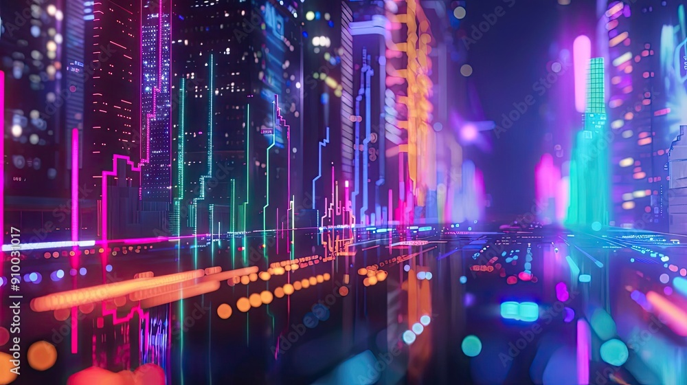 Poster Vibrant cityscape with neon lights and futuristic architecture reflecting in water, creating a dynamic urban atmosphere.