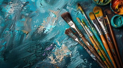 Fototapeta premium Oil Painting Supplies on a Workspace Table with Brushes Palette and Paint Tubes