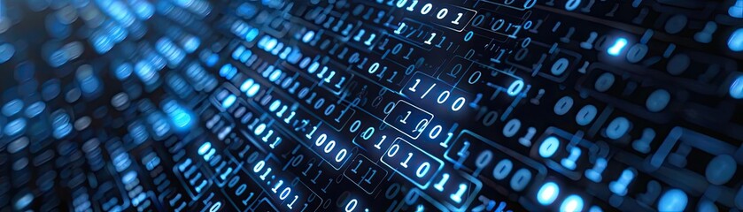 An abstract representation of data streams with binary code in vibrant blue tones, symbolizing technology and digital innovation.