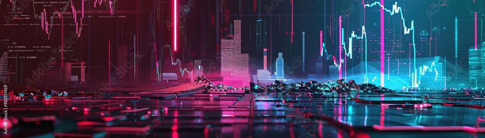Poster vibrant futuristic cityscape with neon lights and abstract digital patterns, representing technology