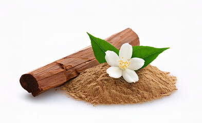 sandalwood and sandalwood powder, Jasmine flowers with green leaves isolated on a white background. isolated  