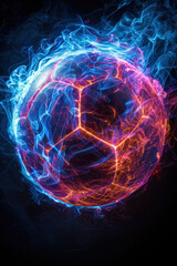 Sport background,  A vibrant soccer ball positioned in the center, radiating dazzling plasma energy in neon hues. The dark background enhances the luminous effect of the energy,