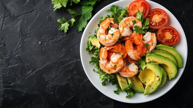 View of shrimp and avocado salad on a black texture background with room for text