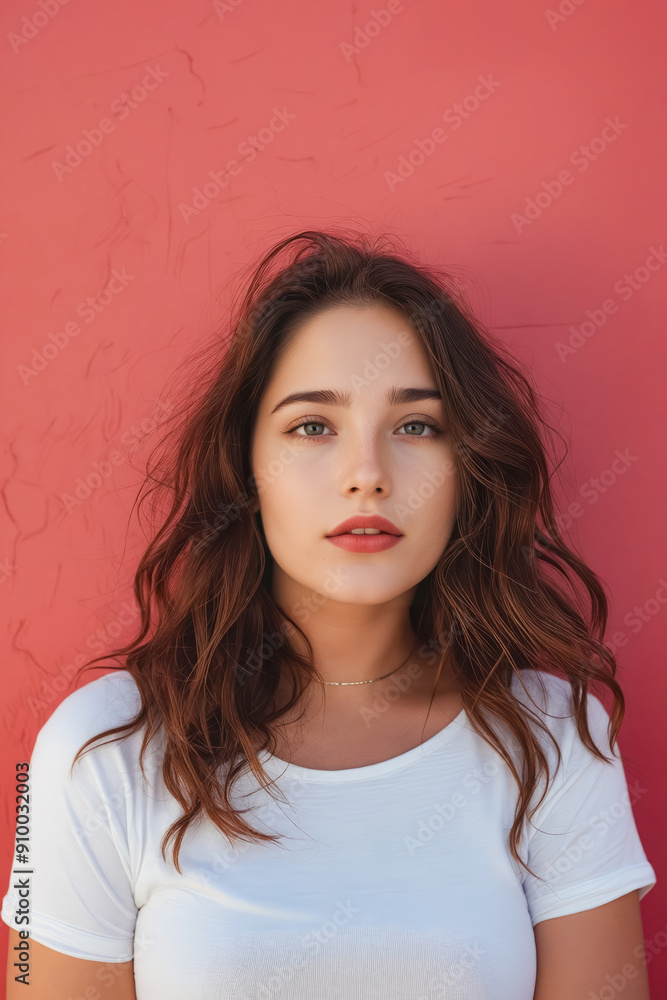 Poster a woman with long brown hair wearing a white shirt