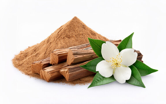 sandalwood and sandalwood powder, Jasmine flowers with green leaves isolated on a white background. isolated  