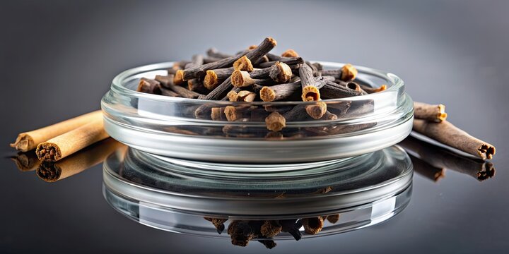 Black clove cigarettes and cloves on glass ashtray on mirror surface, kretek, cigarretes, cloves, glass ashtray