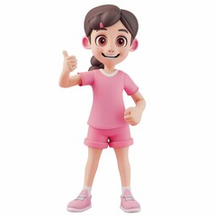 Smiling cartoon character teenage girl in a pink t-shirt and shorts showing a thumbs-up gesture in 3D style on a white background. 
