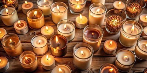 Aerial view of candles burning with warm neutral colors, creating a cozy and romantic atmosphere , candles, burning, warm