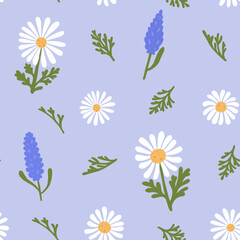 Chamomile and lavender flowers seamless pattern. Hand drawn aroma herbs, flowers and leaves scattered on purple background. Great for packaging, textiles, printing, wallpaper 