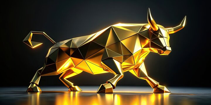 Bull of Wall Street in action in neon gold origami style, finance, stock market, business, success, Wall Street