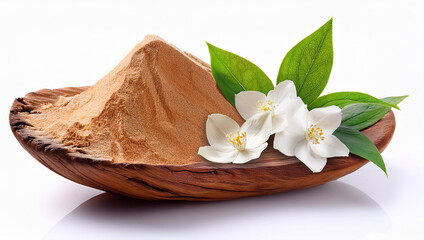 sandalwood and sandalwood powder, Jasmine flowers with green leaves isolated on a white background. isolated  