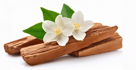 sandalwood and sandalwood powder, Jasmine flowers with green leaves isolated on a white background. isolated  