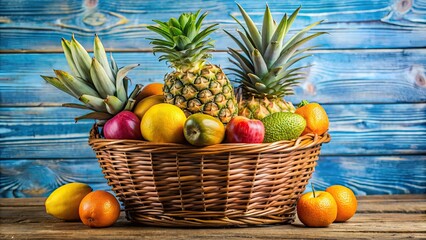 A colorful basket filled with various fruits, including multiple pineapples, basket, fruit,...