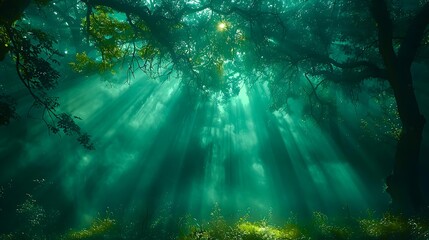 Obraz premium Enchanting forest with sunlight streaming through dense foliage, creating an ethereal, serene atmosphere perfect for nature, relaxation, meditation, and wellness themes,