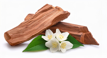sandalwood and sandalwood powder, Jasmine flowers with green leaves isolated on a white background. isolated  