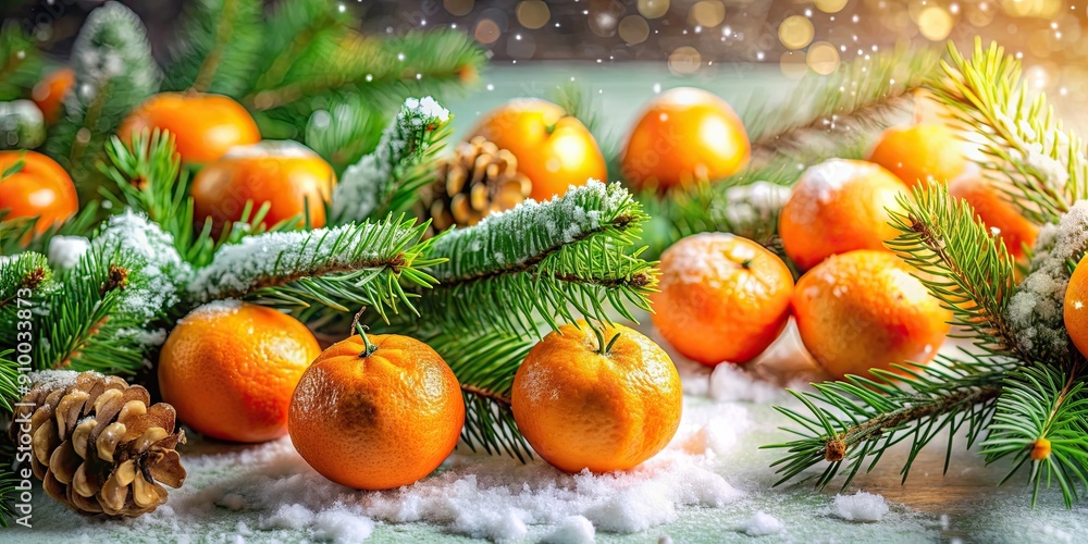 Canvas Prints Christmas background with fresh tangerines and green fir tree branches, Christmas, background, tangerines, fir tree, branches