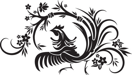 Vector Japanese ornamental cock gorgeous design with floral elements and swirls. Typical for Asian cultural tradition. Extremely clean vector lines, vinyl and laser ready.