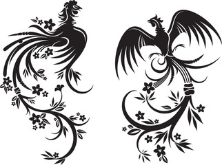 Vector Japanese ornamental cock gorgeous design with floral elements and swirls. Typical for Asian cultural tradition. Extremely clean vector lines, vinyl and laser ready.