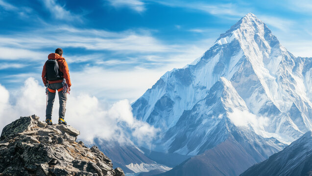 Climber on the top of a a mountain looking up to a more bigger mountain. Motivation to aim for higher.
