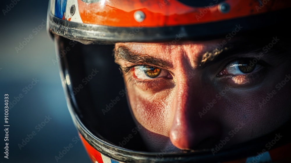 Poster A focused racer stares intensely from behind a racing helmet, showcasing determination and concentration during an event.