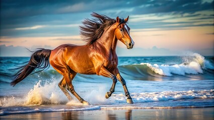 Brown stallion with flowing mane galloping along the beach with the ocean in the background, horse, stallion, galloping, beach, shore