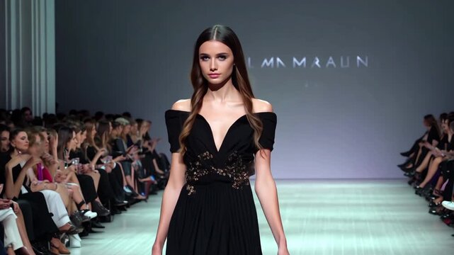 Modern fashionable show runway. Audience admire model walk. High-fashion style, design week. Stylish catwalk cloth collection. Designers clothing demonstration, trendy look. Beautiful women defile.