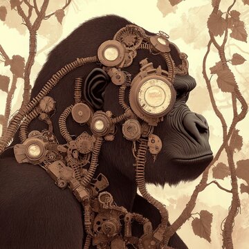Cross River Gorilla in steampunk jungle, mechanical vines, vintage style, sepia tones, sketch, blending tech and nature, Magazine Photography