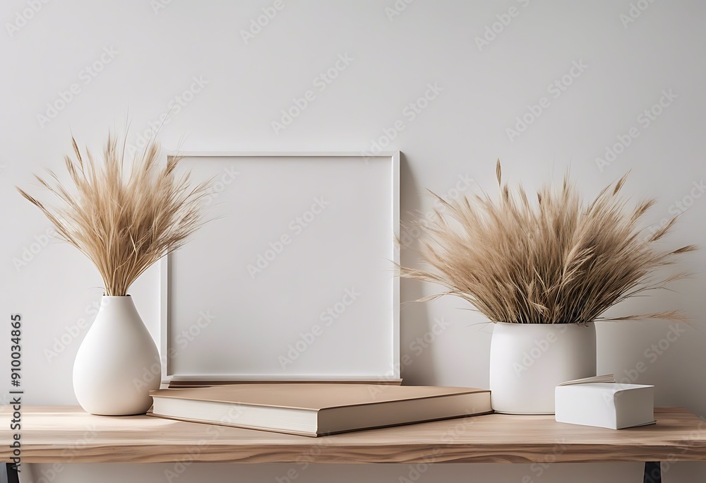 Canvas Prints Square mockup closeup bench frame busines ceramic blank decoration vintage Lagurus vase books wall grass photo dry bed picture wooden card ovatus table background White artistic Modern Scandinavia